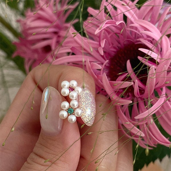 SingleㆍFreshwater Pearl Flower Piercing 18K 낱개ㆍ담수 진주 꽃 피어싱 (루비, 에메랄드 선택)