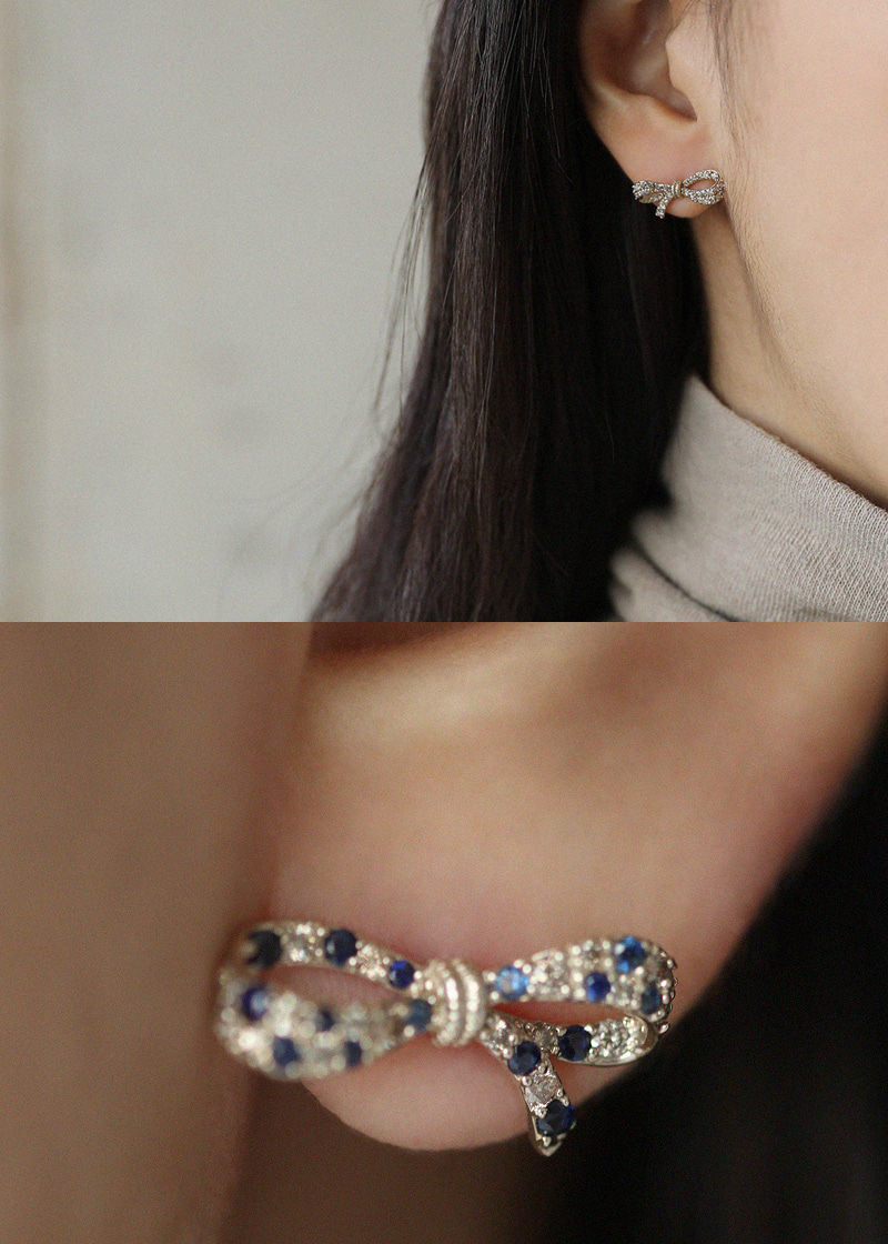 Cognac Diamond, Blue Sapphire Unbalance Ribbon Earrings 18K 꼬냑 다이아몬드, 블루 사파이어 언밸런스 리본 귀걸이